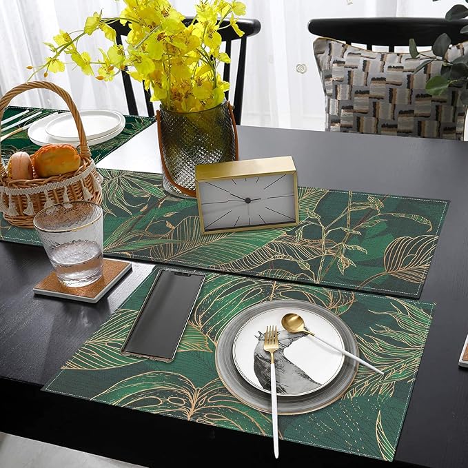 Table Runner and Placemats Set of 6, Tropical Palm | Leaves Geometric Green - Image 6