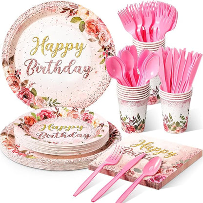Roshtia 175 Pcs Floral Party Supplies-serve 25 Guests Happy Birthday Rose - Image 8