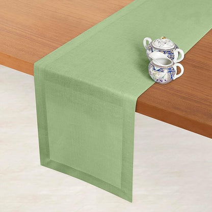 D'Moksha Homes Linen Table Runner 48 Inches - 100% Pure Linen Sage Green Table Runner 14 x 48 Inch for Coffee Tables, Dresser, Spring, St Patricks Day, Easter - Machine Washable