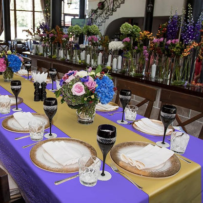 8Pack Disposable Plastic Tablecloths and Satin Table Runner Set Purple and Gold - Image 6