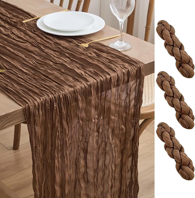 Asee'm 3pcs Brown Coffee Cheesecloth Table Runner 10FT Boho Rustic Fall | Sheer by Aseem