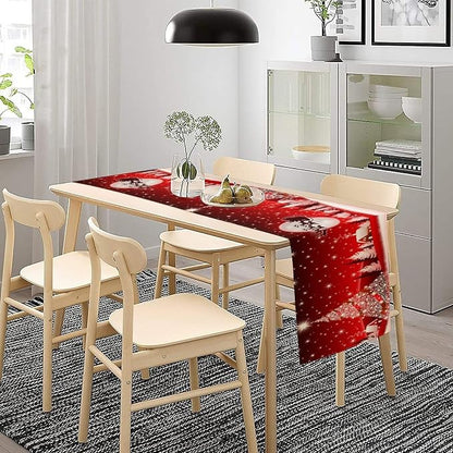 Merry Christmas Table Runner Red Snowflakes, Xmas Ball Ornaments Snow Red Table - Image 3