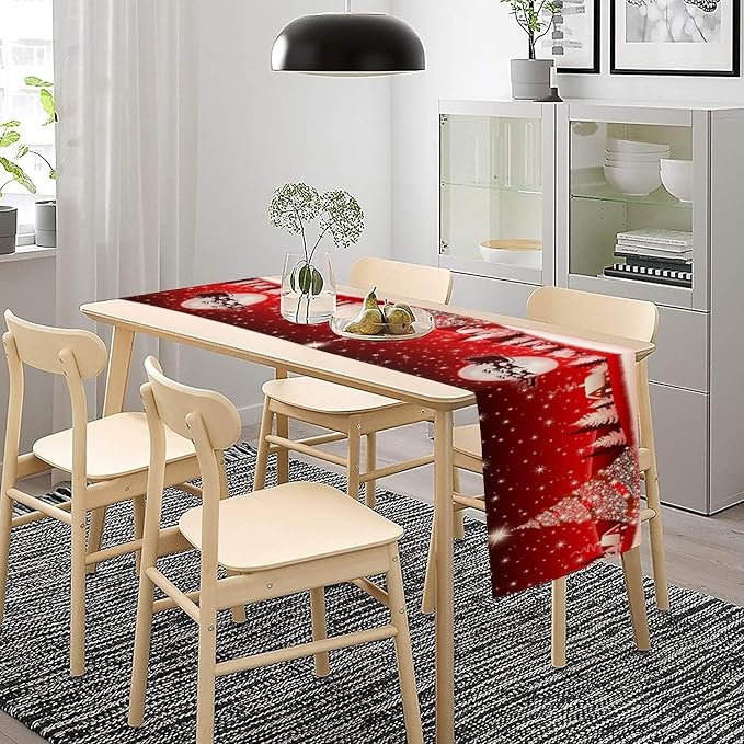 Merry Christmas Table Runner Red Snowflakes, Xmas Ball Ornaments Snow Red Table - Image 3