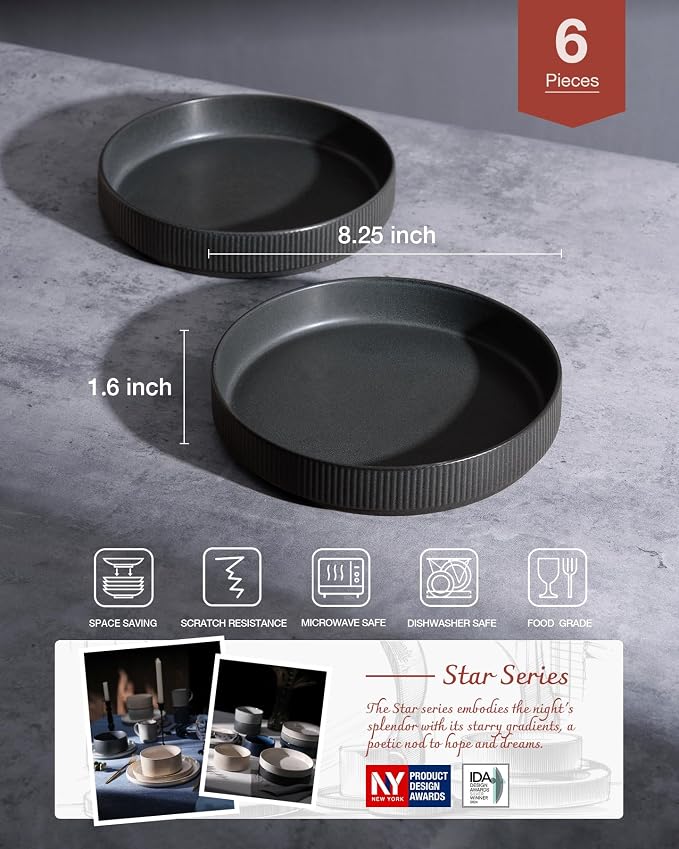 famiware Star 8.25" Pasta Bowls Set of 6, Bowl Plates, Matte Dark Charcoal | - Image 2