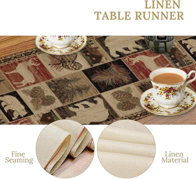 Rustic Bear Table Runner, Vintage Cottage Country Style Pine Tree Elk Wildlife - Image 6