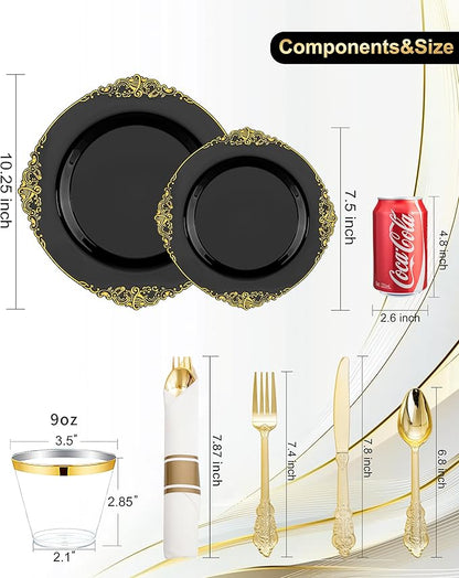 Nervure 175PCS Black Plastic Plates - Disposable Black Gold Party Plates & Pre Rolled Napkins with Cutlery for 25 Guests, 50Plates, 75Silverware, 25Cups, 25Napkin for Wedding & Party