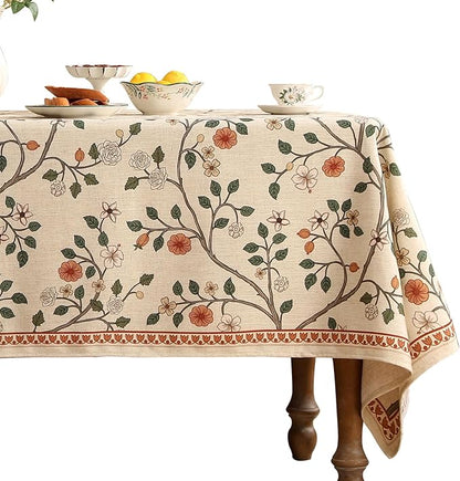 ISAENNE Designer Floral Extra Long Rectangle Tablecloth,French Linen Light Beige Indoor Table Cloth,Fall Wrinkle Resistant Decor Tablecloths for Dining Thanksgiving Kitchen,67"*118"-Flora A