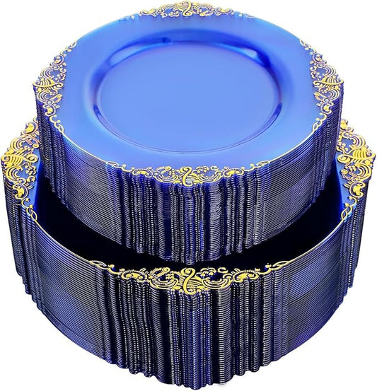 102PCS Blue Plastic Plates - Royal Gold Disposable Plates - Clear Blue Party Plate - Heavyweight Disposable Plate with Gold Rim - Fancy Dinner & Dessert Plates for 51 Guests Party Wedding