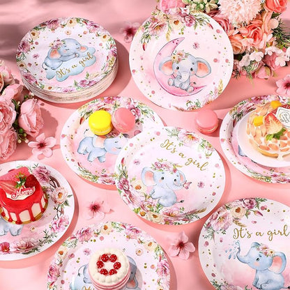 7 Inch Pink Elephant Baby Shower Paper Plates 60 Pcs It's a Girl Tableware Decorations Baby Shower Plate for Girl Gender Reveal Plates Party Supplies for Pink Floral Party