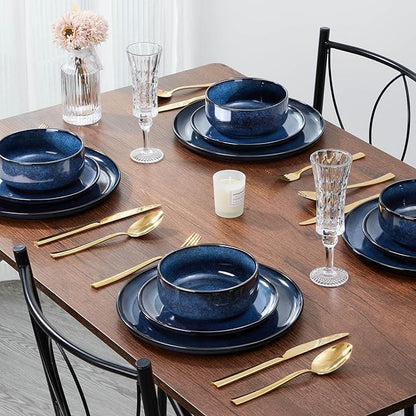 E-far 18-Piece Plates and Bowls Set, Dinnerware Sets for 6, Reactive Glaze Stoneware Dishes Dinning Ware, Microwave & Dishwasher Safe - Deep Sea Blue