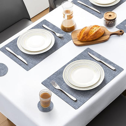 MOSAYT Placemats Set of 8, Heat Resistant Vinyl Place Mats with Coasters, Wipeable Washable 100% Waterproof Oil Proof Faux Leather Table Mats for Kitchen Dining Party Outdoor, 12" x 17", Sky Blue