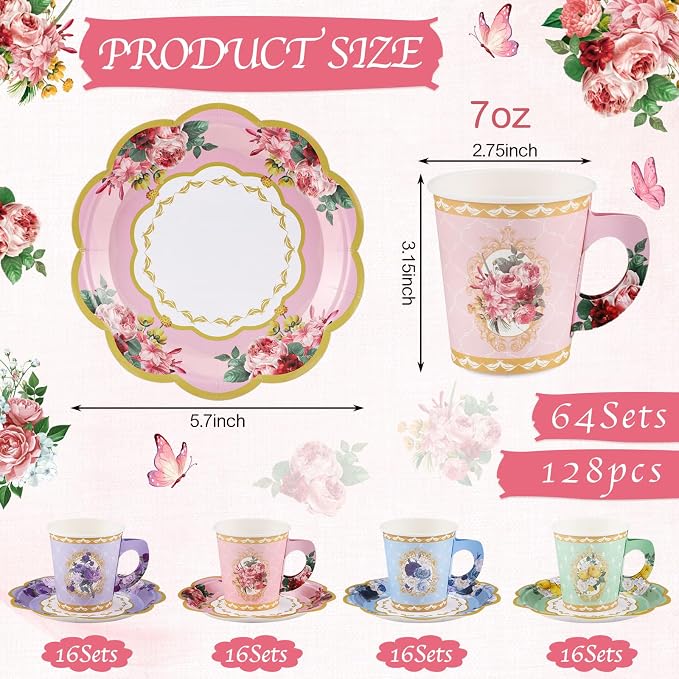 NatNarr 128 Pcs Disposable Paper Tea Cups, 7 OZ Floral Tea Party Cups | - Image 2