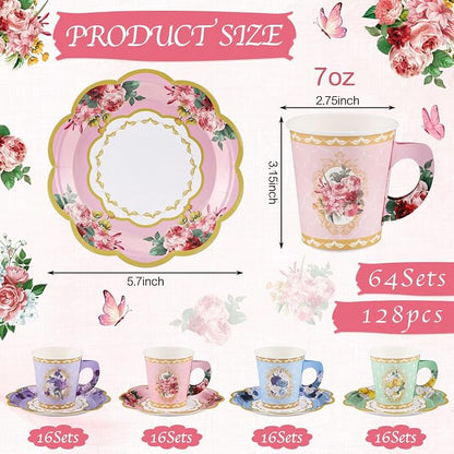 NatNarr 128 Pcs Disposable Paper Tea Cups, 7 OZ Floral Tea Party Cups | - Image 2