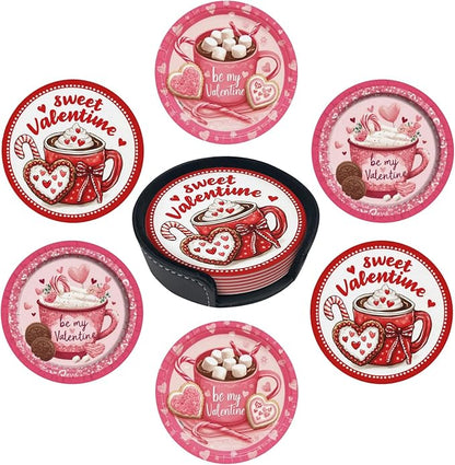 Sweetheart Coasters for Drinks with Holder Round Leather Coasters Set of 6 Cups Mugs Mat Pad for Home Kitchen Bar