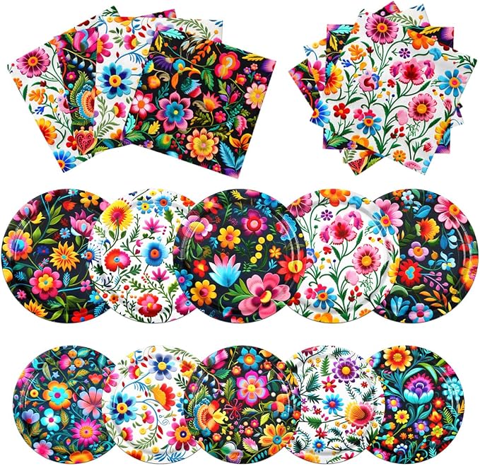 Cinco De Mayo Decorations-60Pcs Colorful Flower Fiesta Plates and Napkins by CMUSKO