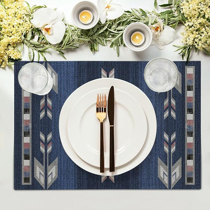Giwawa Southwestern Placemats Set of 4, Navy Blue Grey Ethnic Tribal Geometric Decorative Place Mat, 12"x18" Native American Heat Resistant Table Mats for Dining Kitchen Party