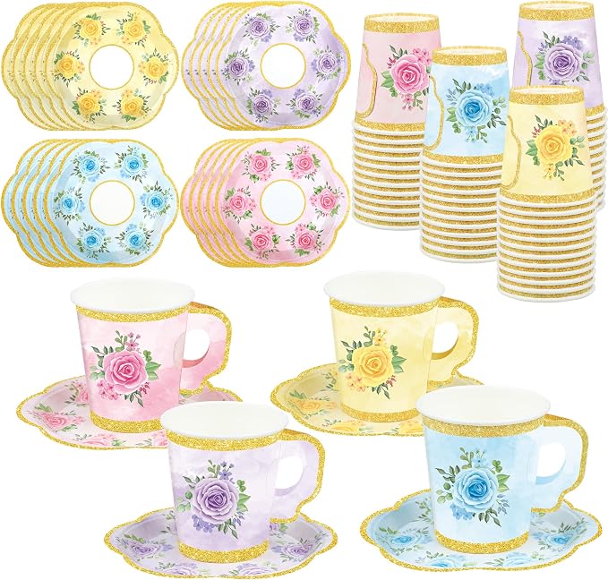 24 Sets Floral Paper Tea Cups and Saucers Disposable Tea Party Supplies by Fairooth