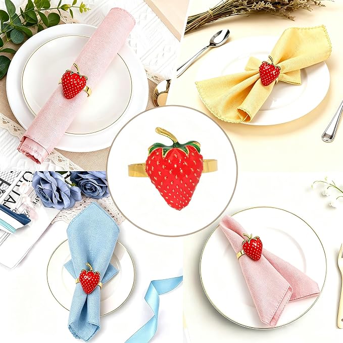 Strawberry Napkin Rings Set of 12 Red Enamel Berry Napkin Holder - Image 7