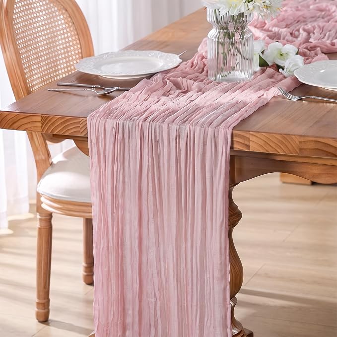 10 Pack Dusty Pink Cheesecloth Gauze Table Runners, 35x120 Inch | Extra Wide by GoodLuck