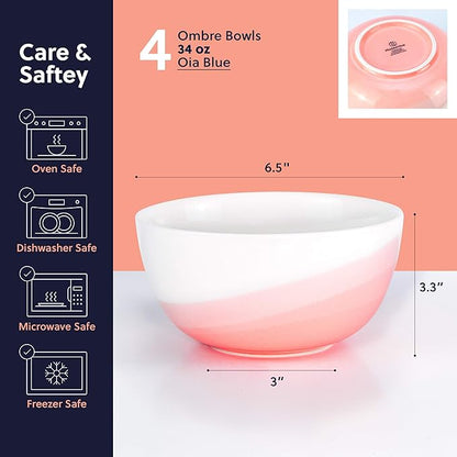Ombre Cereal Bowls in Jaipur Pink - 34 oz - For Soup, Dessert, Noodle, Salad, Snacks, Serving - Ceramic Porcelain Bowl Set of 4 - Ombre Dinnerware Collection
