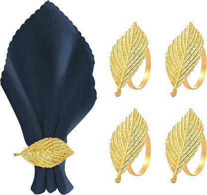 Decozen Set of 16 Gold Napkin Rings in Leaf Design, Festive, Table Decor Setting for Holiday, Wedding, Birthday, Kitchen, Home Decor, Housewarming Gift - Mothers Day Decorations