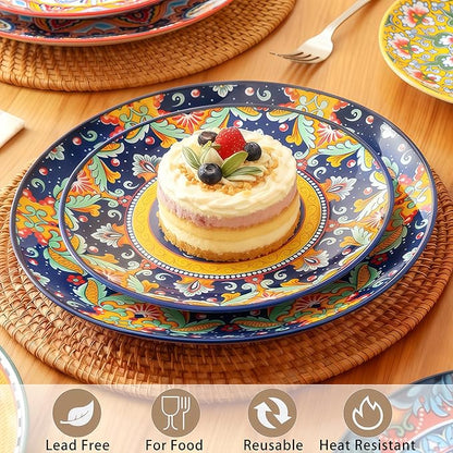 6-piece Bohemian plates, 8-inch main course plates, suitable for serving beef, lamb chops, turkey, and various main dishes; safe for microwave, oven, and dishwasher use