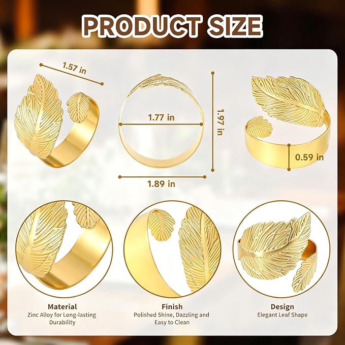 Napkin Rings Set of 24, Shiny Gold Napkin Rings, Easy Care, Solid Metal Laurel - Image 4