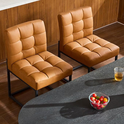 Brown Faux Leather Dining Chairs Set of 4, Mid-Century Modern Dining Room Chairs with Armless, Checkered Kitchen Chair with Metal Legs
