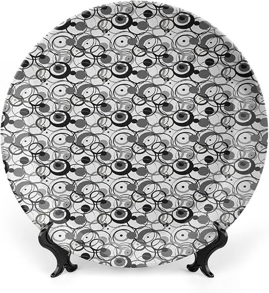 Ceramic Display Plate, Abstract Ceramic Hanging Decorative Plate, Monochrome Circles Dots Surreal Geometric Modern, 7 Inch, Living Room Kitchen Decoration Household, Grey Black White