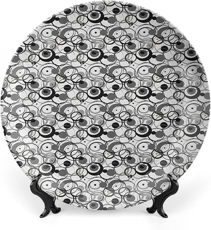 Ceramic Plates, Abstract Decorative Ceramic Plates, Monochrome Circles Dots Surreal Geometric Modern, 10 Inch, Household Plates Decorative, Grey Black White