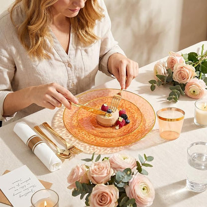 Rubtlamp 700Pcs Orange Gold Plastic Dinnerware Set, Hammered Clear Gold Plates - Image 7