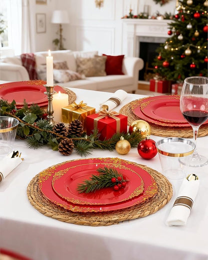Nervure 100PCS Red and Gold Plastic Plates - 10.25inch Red Disposable Plates - Heavyweight Dinner Plate for Wedding & Party