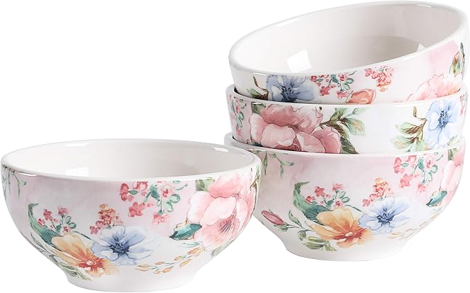 Bico Margret's Garden Cereal Bowls Set of 4, 24 oz Deep Ceramic Soup Bowls by Bico