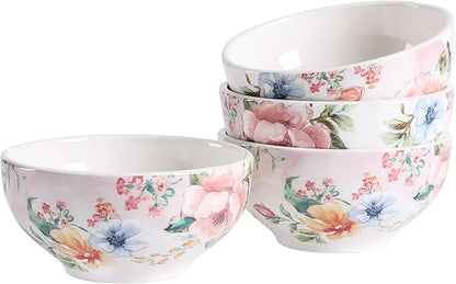 Bico Margret's Garden Cereal Bowls Set of 4, 24 oz Deep Ceramic Soup Bowls by Bico