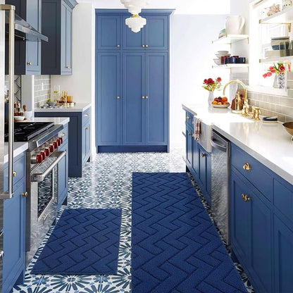 hicorfe Kitchen Rugs and Mats Sets,2 Pieces Super Absorbent Polypropylene Non-Slip Rug,Soft Comfort Floor Mat,Washable for Kitchen,Hallway,Office,Sink,Laundry(20" x 32"+24" x 71",Navy Blue)