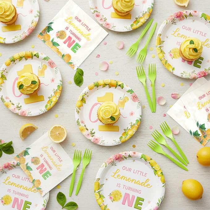 96Pcs Lemon 1st Party Plates Supplies Pink Yellow Our Little Lemonade Is - Image 5