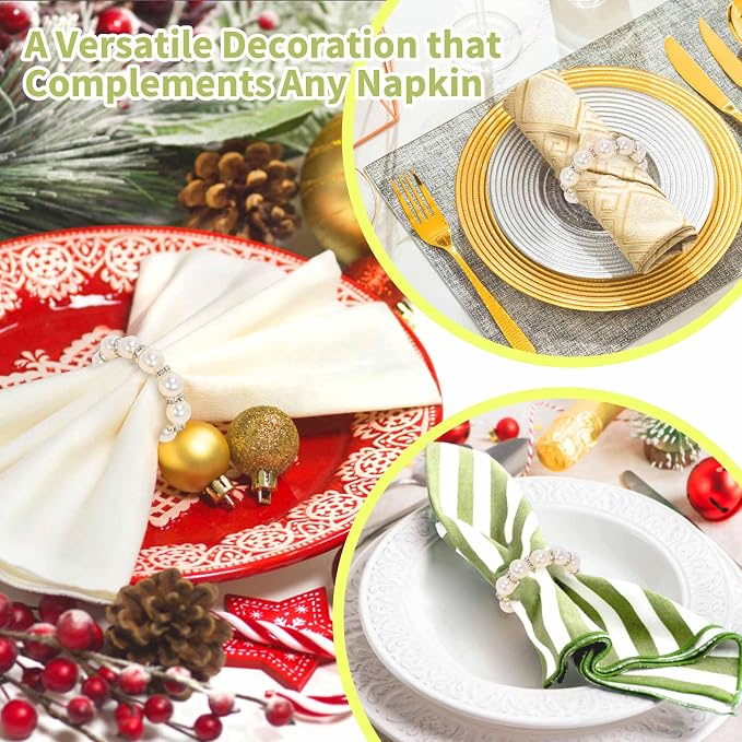 GENMOUS Set of 100 Silver Pearl Napkin Rings, Elegant Imitation Beaded Stylish - Image 5