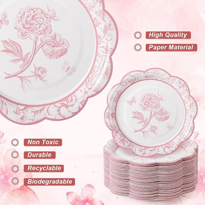 FillTouch 100 Sets Pink Floral Paper Tea Cups and Saucers Disposable Paper Tea - Image 3