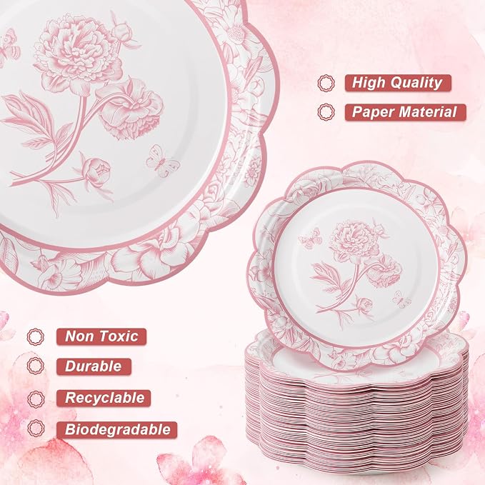 FillTouch 48 Sets Pink Floral Paper Tea Cups and Saucers Disposable Paper Tea - Image 5