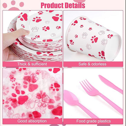 Kochorie 400 Pieces Pink Paw Disposable Party Tableware Sets Dog Puppy Supplies Including Plates Cups Napkins Cutlery Serves 50 for Birthday Puppy Theme Party Decorations