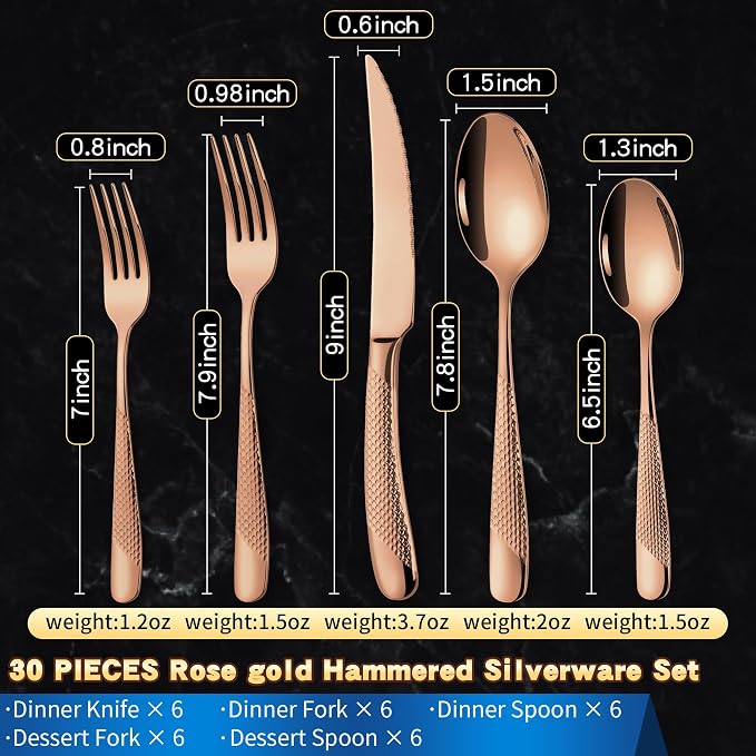 Hammered Rose gold 30 Pieces Set Silverware Set - Image 3