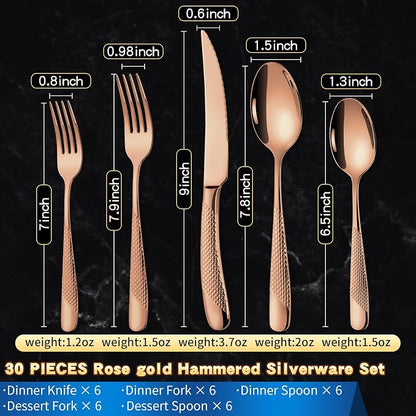 Hammered Rose gold 30 Pieces Set Silverware Set - Image 3