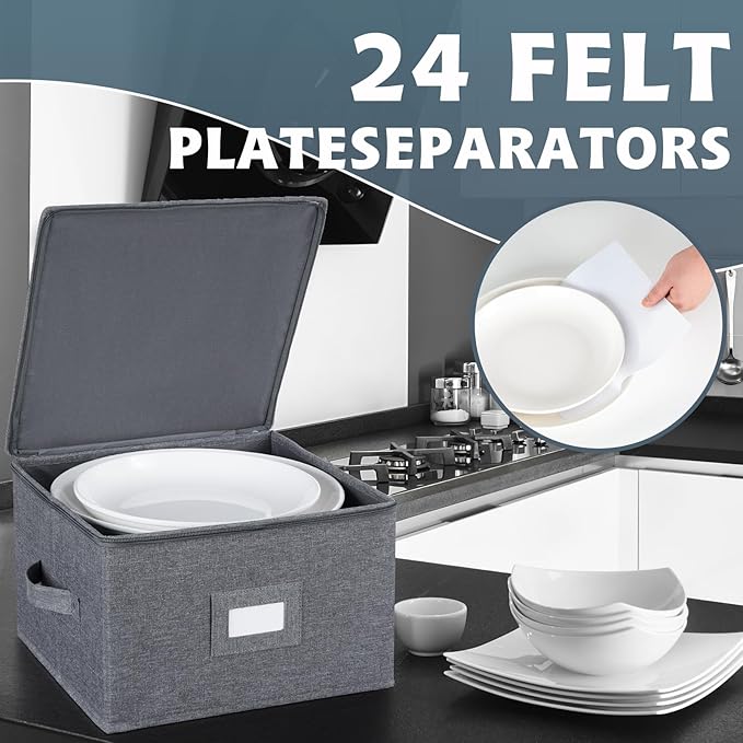 popoly China Storage Containers Inside 12" W x 8" H, Dinnerware Storage Box for Dishes Plate Storage with 24 Felt Dividers, Hold 24 Plates, Hard Shell and Stackable（4PACK