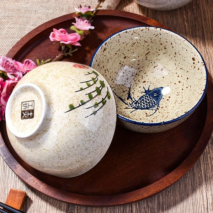 Japanese Retro Rice Bowls Set of 4 Hand-Painted Floral Design Ceramic Soup - Image 7
