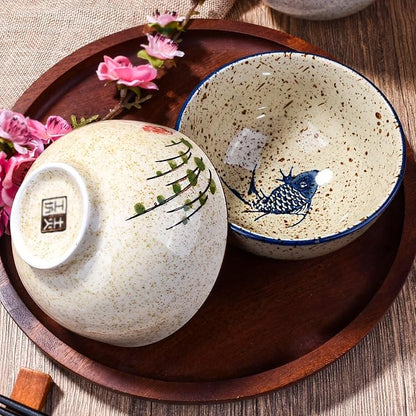 Japanese Retro Rice Bowls Set of 4 Hand-Painted Floral Design Ceramic Soup - Image 7