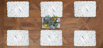 C&F Home Olivia Blue and White Floral Cotton Quilted Reversible Machine Washable Vintage Design Placemat Set 6 Scalloped Edges for Kitchen or Dining Table Rectangular Placemat Set of 6 White