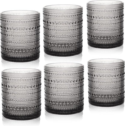 Cocktail Glasses 10 oz Hobnail Drinking Glasses Set of 6, Vintage Glassware, Textured Glass Cups Bubble Glasses Water Glasses Old Fashion Jupiter Glasses Set, Grey