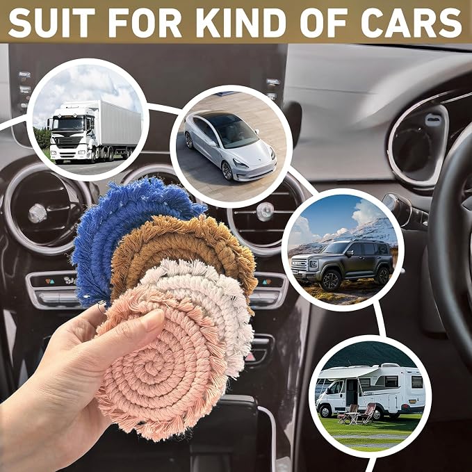 Coomin Car Coasters for Cup Holders, 3.8in 2p Light Blue | Absorbent Macrame - Image 2