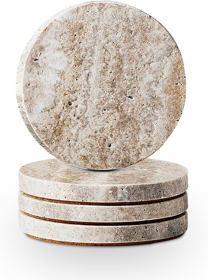 Marble Coaster for Drinks 4" Diameter Set of 4 Round Travertine Coasters for by WORHE