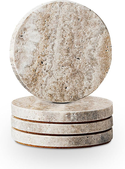 Marble Coaster for Drinks 4" Diameter Set of 4 Round Travertine Coasters for by WORHE
